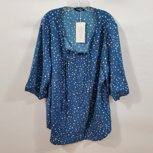 Bloomchic Blouse Women's 3X Blue 3/4 Sleeve White Polka Dot Tie Neck Plus NWT - Picture 8 of 8